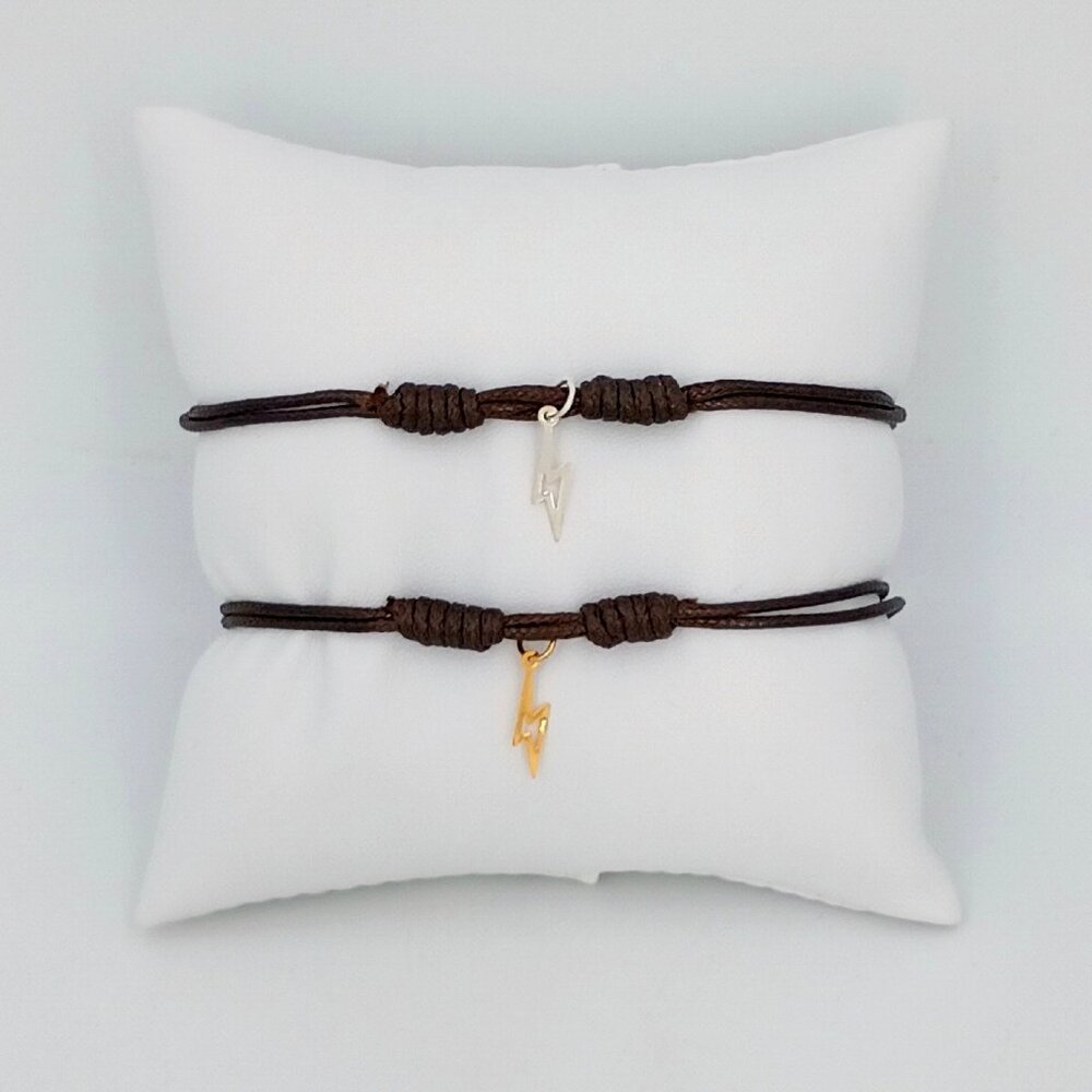 Lightning Bolt Bracelet Adjustable Gold or Silver Charm, Silky Brown Cord